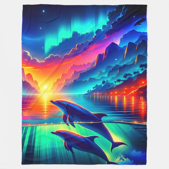 “Aurora Dolphin Sunset - Vibrant Ocean Art” Fleece Blanket (Front)