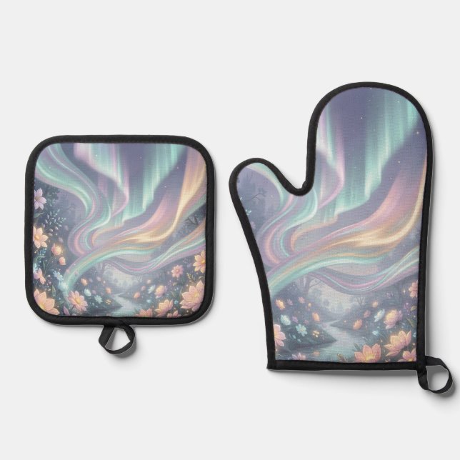 Aurora Forest Stream Glowing Flowers Oven Mitt & Pot Holder Set (Front)