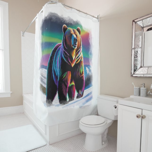 Aurora & Grizzly Bear Wildlife Design Shower Curtain (In Situ)
