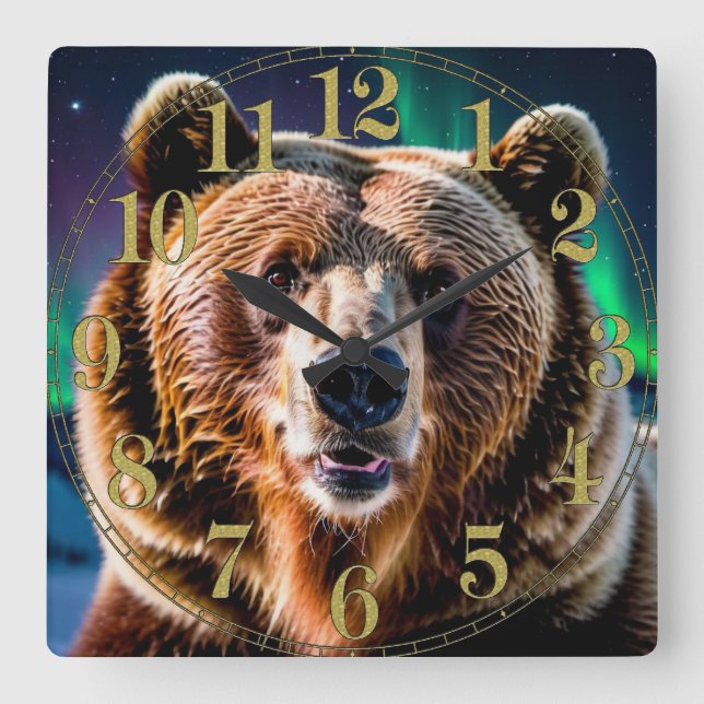 Aurora & Grizzly Bear Wildlife Design Square Wall Clock (Front)