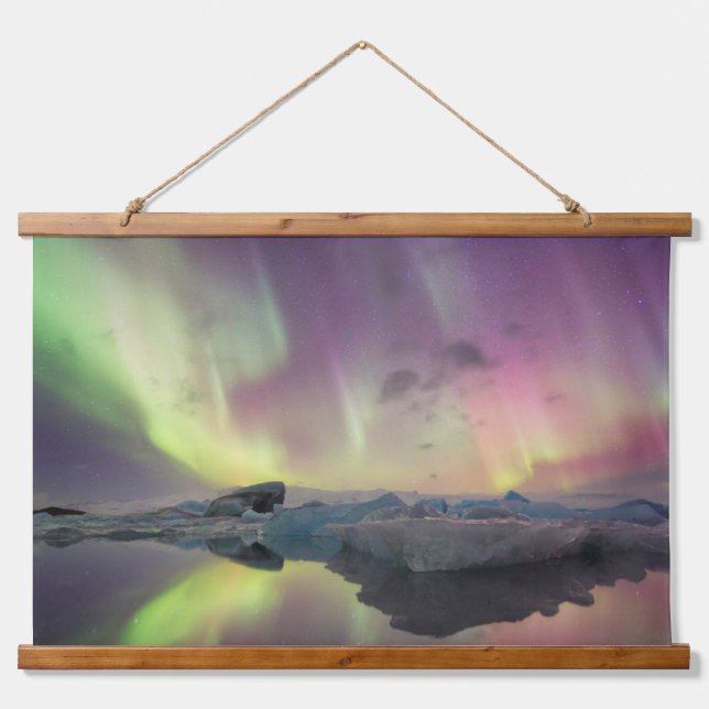 Aurora Lights Reflect in Lagoon Hanging Tapestry (Front)