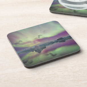 Aurora Lights Reflect Lagoon Iceland Coaster