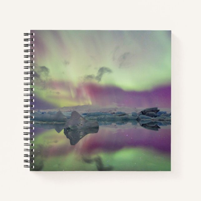 Aurora Lights Reflect Lagoon | Iceland Notebook (Front)