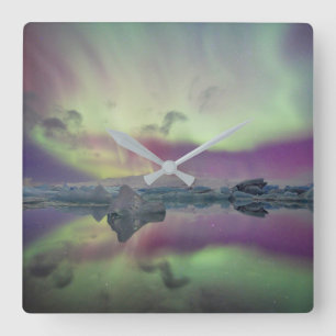 Aurora Lights Reflect Lagoon Iceland Square Wall Clock