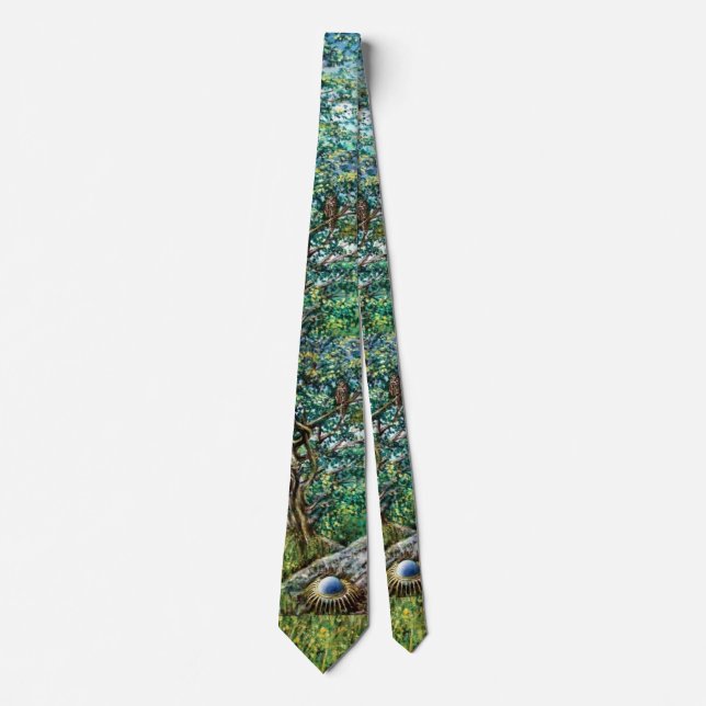 AURORA / MAGIC TREE AND OWL Green Leaves Tie (Front)