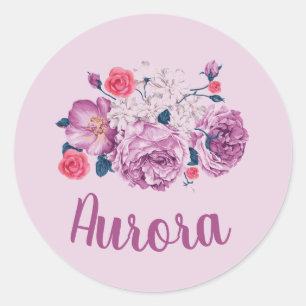 Aurora Name Floral Custom Vintage Flower Pink Girl Classic Round Sticker
