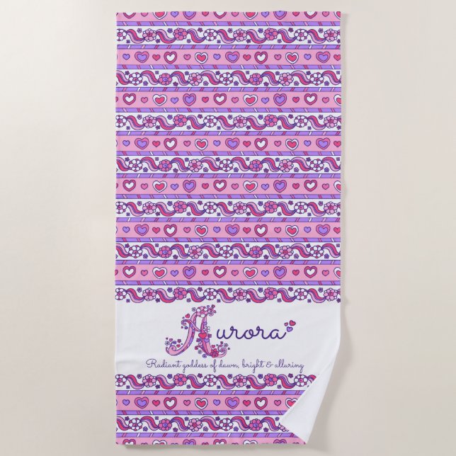 Aurora name meaning flower heart pink beach towel (Front)