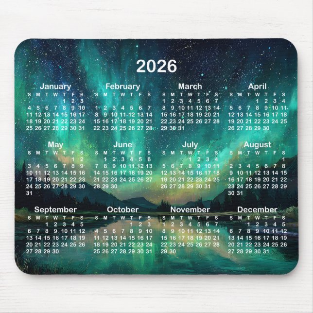 Aurora Night Sky Landscape 2026 Calendar Mouse Pad (Front)