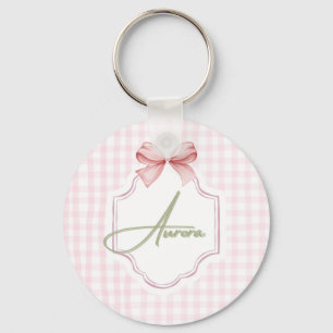 Aurora Personalized Pink Bow & Gingham Print  Key Ring