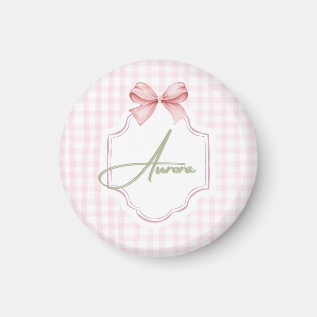 Aurora Personalized Pink Bow & Gingham Print  Magnet (Front)