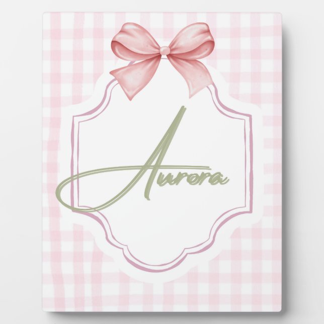 Aurora Personalized Pink Bow & Gingham Print  Plaque (Front)
