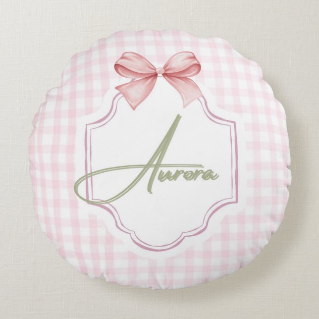 Aurora Personalized Pink Bow & Gingham Print  Round Cushion (Front)