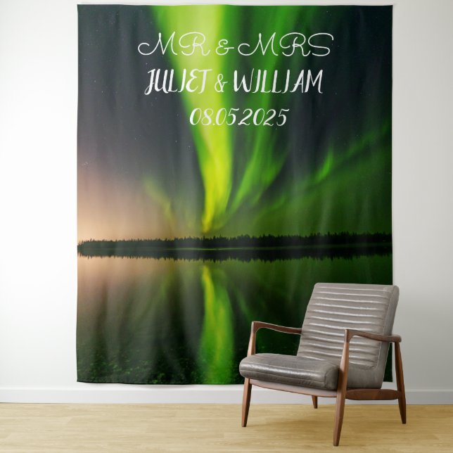 Aurora Script Mr & Mrs Wedding Backdrop banner Tapestry (In Situ)