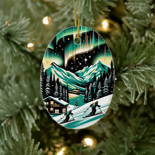 Aurora Ski Adventure Christmas Ceramic Ornament (Tree)