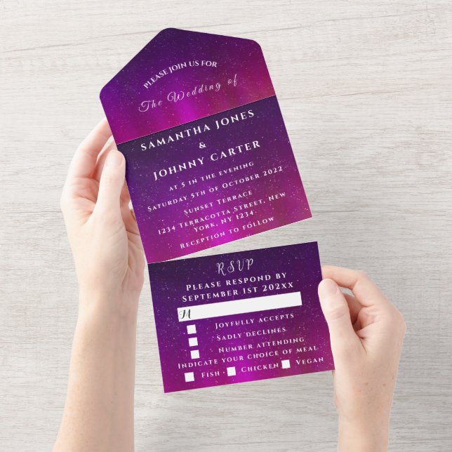 Aurora Starry Night Stars Sky Wedding Purple  All In One Invitation (Tearaway)
