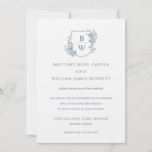 [AURORA] Vintage Dusty Blue Crest Monogram Wedding Invitation