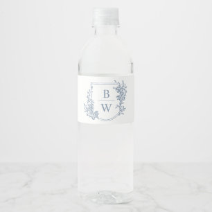 [AURORA] Vintage Dusty Blue Crest Monogram Wedding Water Bottle Label