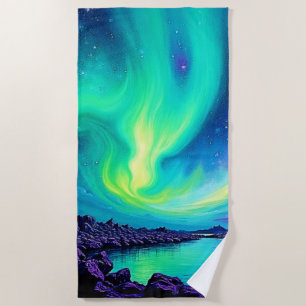 Aurora's Magical Night Sky Dance Design Beach Towel