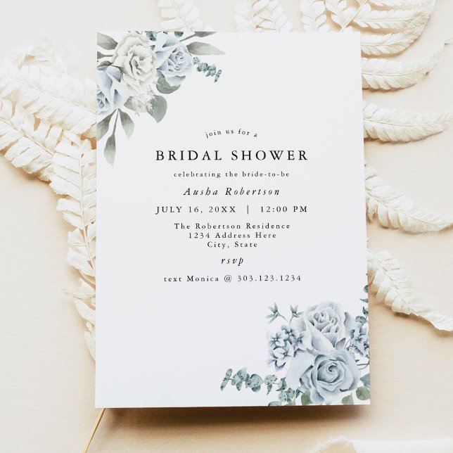 AUSHA Dusty Blue Floral Blue Bridal Shower Invitation (Creator Uploaded)