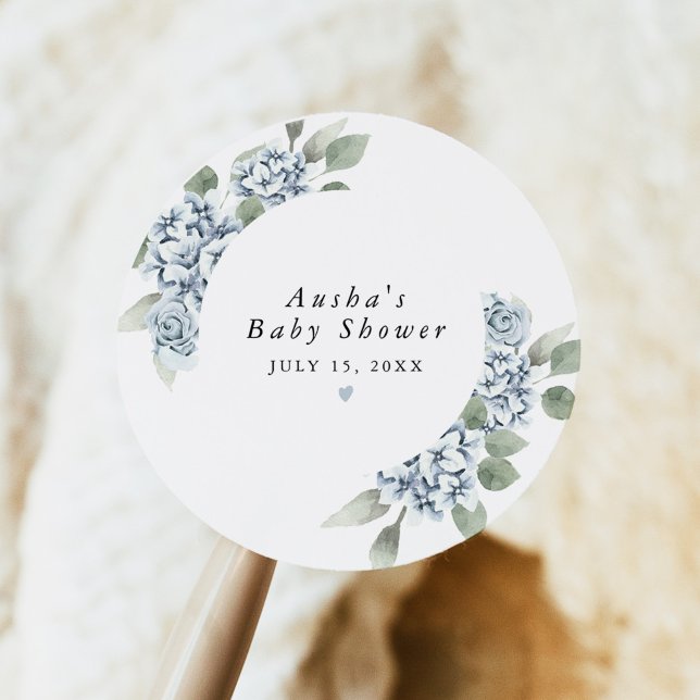 AUSHA Dusty Blue Floral Boy Baby Shower Classic Round Sticker (Creator Uploaded)