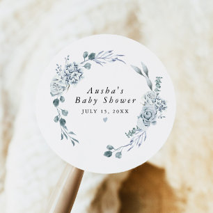 AUSHA Dusty Blue Floral Boy Baby Shower Classic Round Sticker