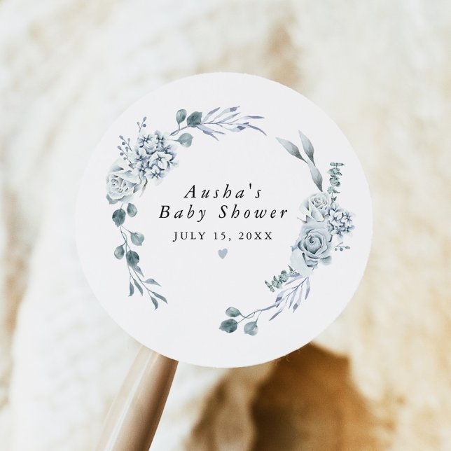 AUSHA Dusty Blue Floral Boy Baby Shower Classic Round Sticker (Creator Uploaded)