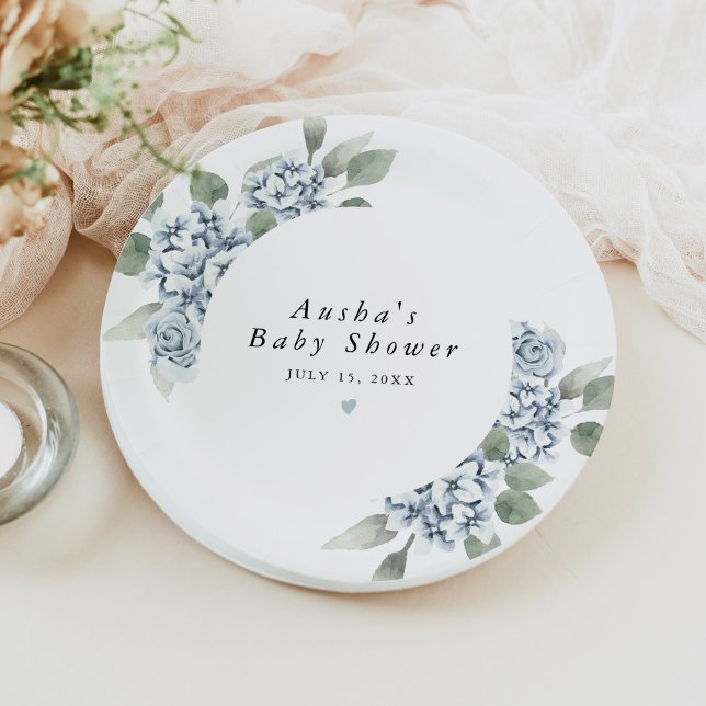 AUSHA Dusty Blue Floral Boy Baby Shower Paper Plate (Creator Uploaded)