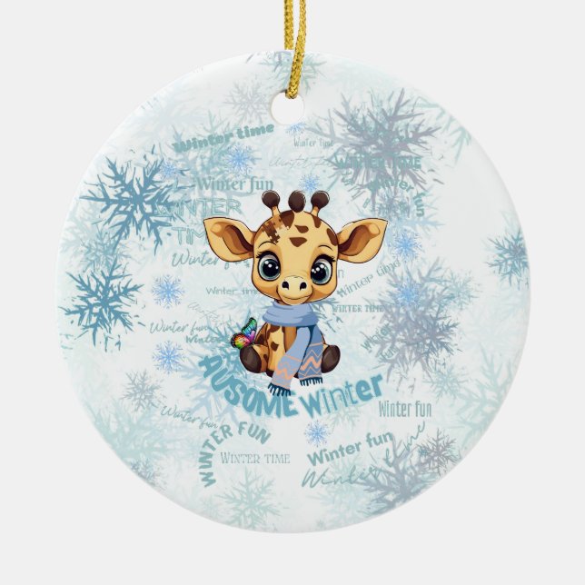 Ausome Winter – One of a Kind Snowflake Giraffe  Ceramic Ornament (Front)
