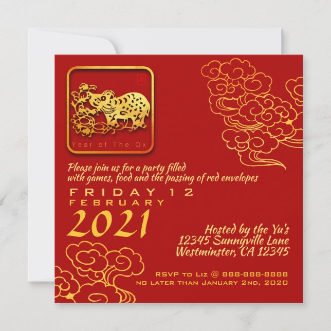 Auspicious Clouds Chinese New Year OX 2021 PInv Invitation (Front)