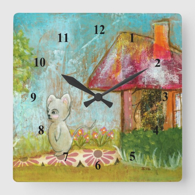 Auspicious Day Whimsical Woodland Mouse Folk Art Square Wall Clock (Front)