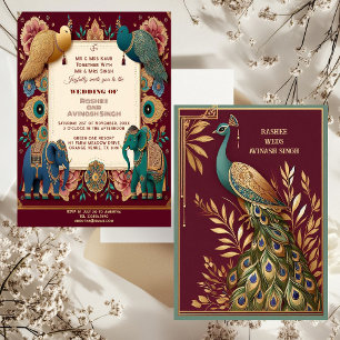 Auspicious Elephants Peacock Feather Ornate Indian Invitation