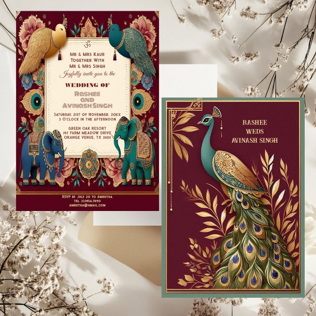 Auspicious Elephants Peacock Feather Ornate Indian Invitation (Auspicious Elephants Peacock Feather Ornate Indian Invitation)