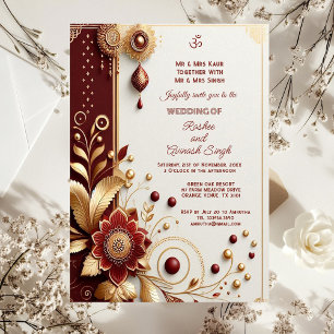 Auspicious Gold Ornate Maroon Floral Motifs Indian Invitation