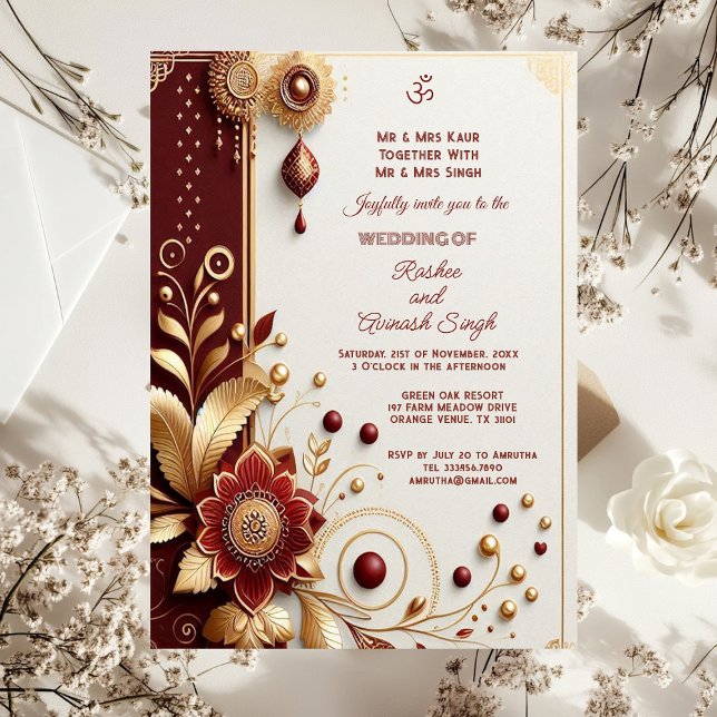 Auspicious Gold Ornate Maroon Floral Motifs Indian Invitation (Auspicious Gold Ornate Maroon Floral Motifs Indian Invitation)