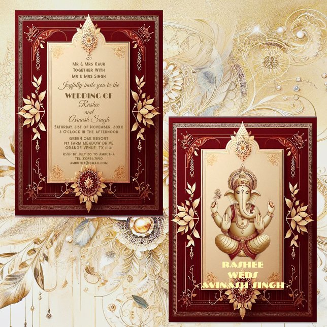 Auspicious Lord Ganesha Floral Maroon Grand Indian Invitation (Auspicious Lord Ganesha Floral Maroon Grand Indian Invitation)