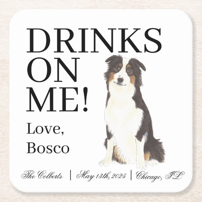 Aussie Australian Shepherd Wedding Square Paper Coaster (Front)