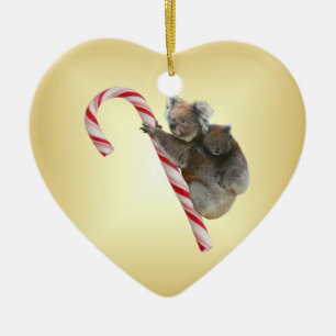 Aussie Christmas Koalas on Candy Cane Ceramic Ornament