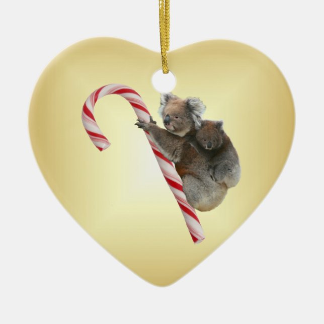 Aussie Christmas Koalas on Candy Cane Ceramic Ornament (Front)