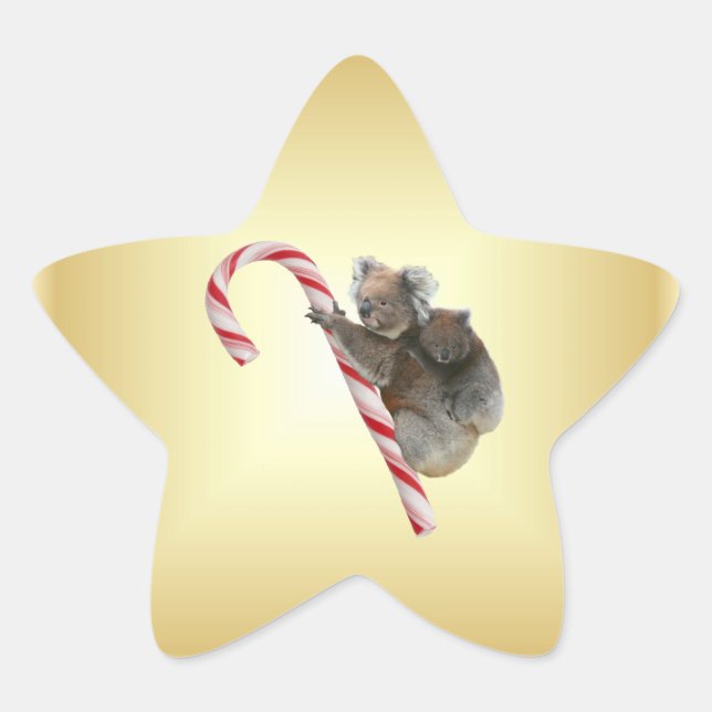 Aussie Christmas Koalas on Candy Cane Star Sticker (Front)