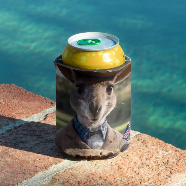 Aussie Kangaroo Holding A Meat Pie, Can Cooler (In Situ Pool)