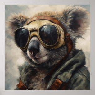 Aussie Pilot Koala Aviator Retro Watercolor Art Poster
