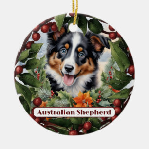 Aussie Pup Ornament, Personalize Puppy Christmas  Ceramic Ornament