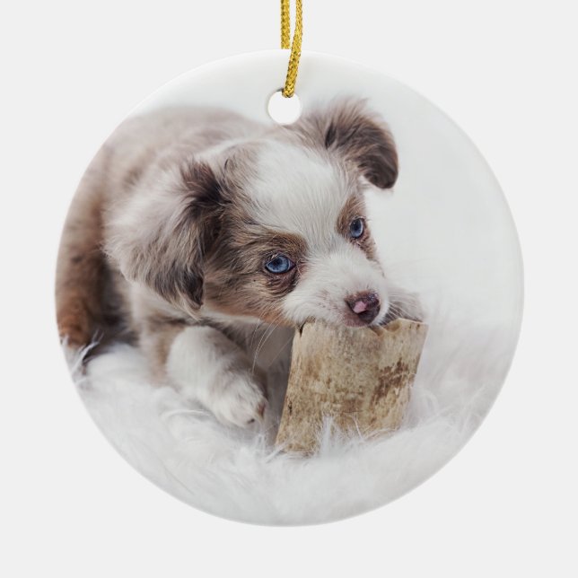 aussie red merle pup ceramic tree decoration (Front)