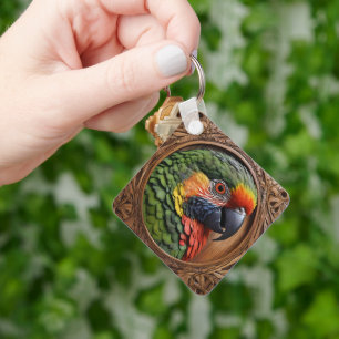 Aussie Spirit: A Lorikeet Perched In Carved Wood Key Ring