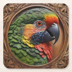 Aussie Spirit: A Lorikeet Perched In Carved Wood Square Paper Coaster