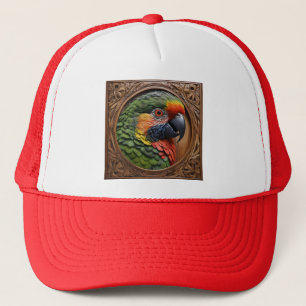 Aussie Spirit: A Lorikeet Perched In Carved Wood Trucker Hat