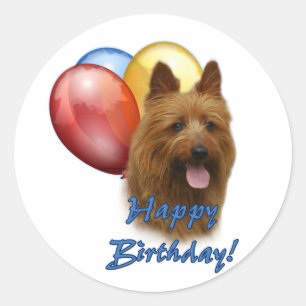Aussie Terrier Happy Birthday Balloons Classic Round Sticker