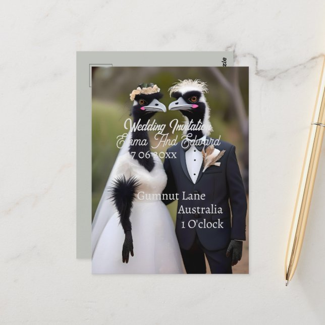 Aussie Wedding Australian Emus, Wedding Postcard (Front/Back In Situ)