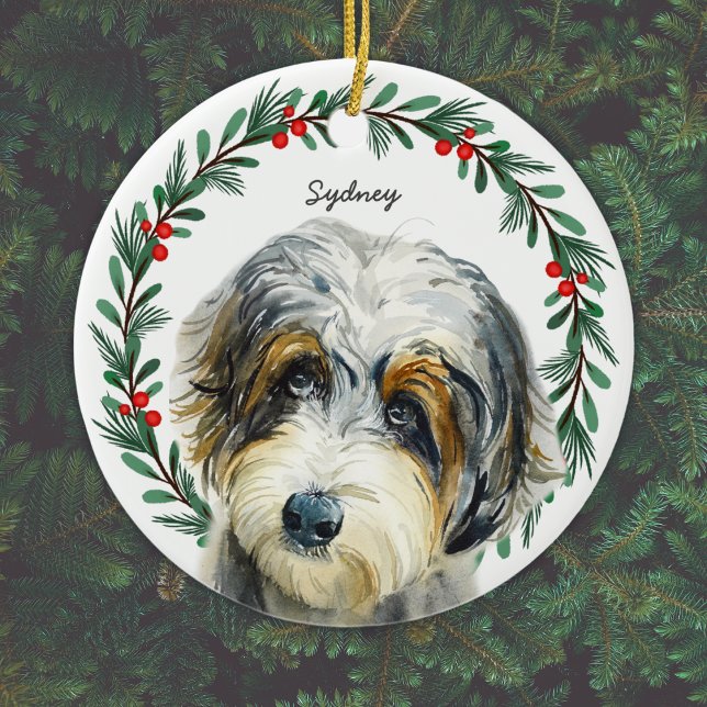 Aussiedoodle Christmas Wreath Personalised Ceramic Ornament (Add Dog's name, or other short text, or delete text if not required. )