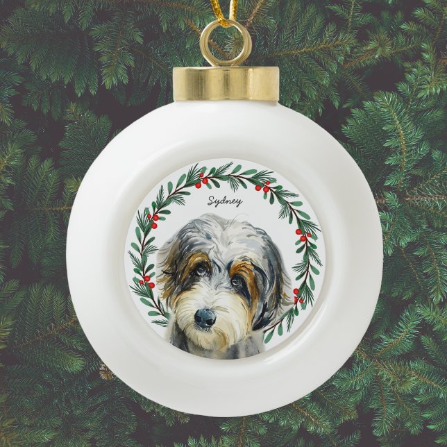 Aussiedoodle Dog Personalised Holiday Wreath Ceramic Ball Christmas Ornament (Add name or other short text, or delete text if not required.)
